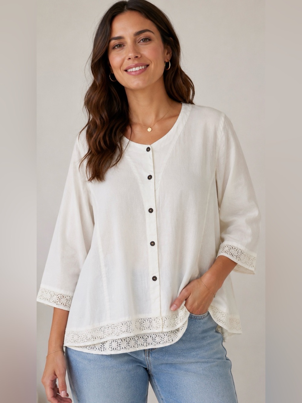 Kleen White Cream Lace-Trim Button-Front Blouse XL Boho Cottagecore Resortwear - Picture 1 of 11